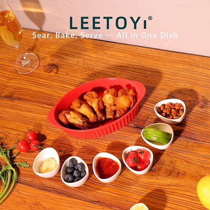 LEETOYI Porcelain Small Oval Au Gratin Pans, Baking Dish Set for 1 or 2 person servings, Bakeware with Double Handle for Kitchen and Home, Set of 2 (Red) - Image 2