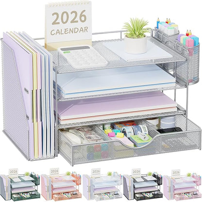 gianotter Desk Organizers and Accessories with File Holder, 4-Tier Desk Accessories & Workspace Organizers with Drawer and 2 Pen Holder, Paper Organizer for Office Supplies (Grey)
