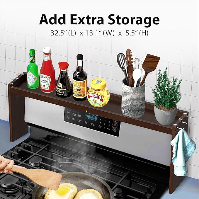 IIIOIIIA Bamboo Over the Stove Spice Rack Organizer Shelf for Kitchen, 31.5" with 6 Hooks, 11.4" Height Extra Storage Countertop, Easy to Assemble, Walnut - Image 2