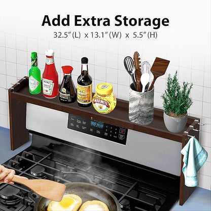 IIIOIIIA Bamboo Over the Stove Spice Rack Organizer Shelf for Kitchen, 31.5" with 6 Hooks, 11.4" Height Extra Storage Countertop, Easy to Assemble, Walnut - Image 2