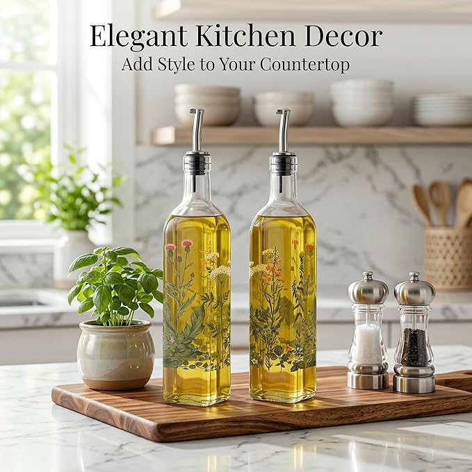 Topadorn 17 oz Olive Oil Dispenser Bottle Set for Kitchen, 2 Pcs Glass Oil Dispenser Bottle with Stainless Steel Pourers, 2 Packs of Napkins, Green Flowers