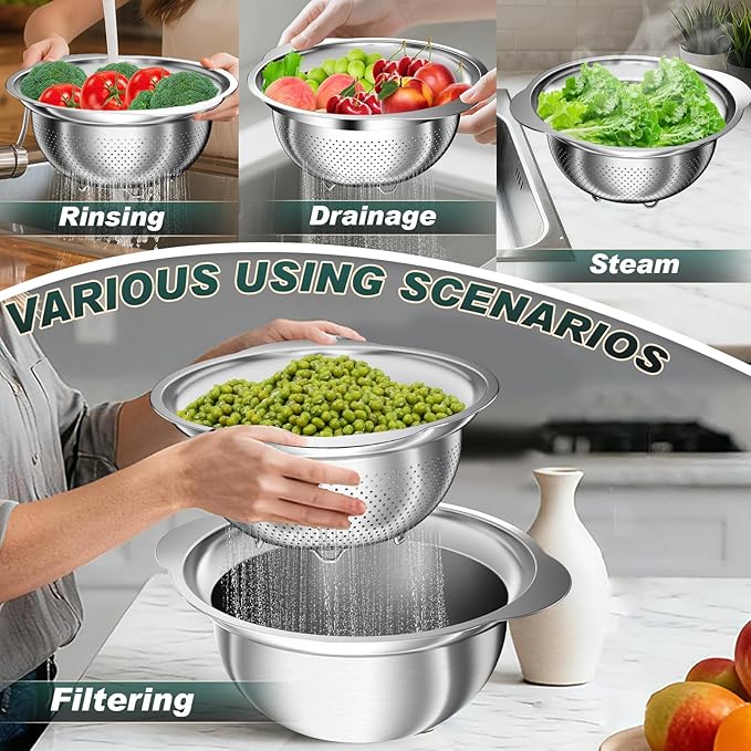 Stainless Steel Colanders with Mixing Bowl - 2.0QT & 2.0QT Strainer and Colander with Handle, 3.0QT Nesting Kitchen Bowl with Colander For Pasta, Vegetables, Fruit, Rice, 3PCS - Image 3