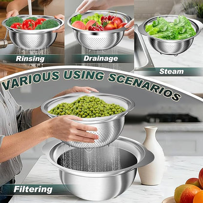 Stainless Steel Colanders with Mixing Bowl - 2.0QT & 2.0QT Strainer and Colander with Handle, 3.0QT Nesting Kitchen Bowl with Colander For Pasta, Vegetables, Fruit, Rice, 3PCS - Image 3