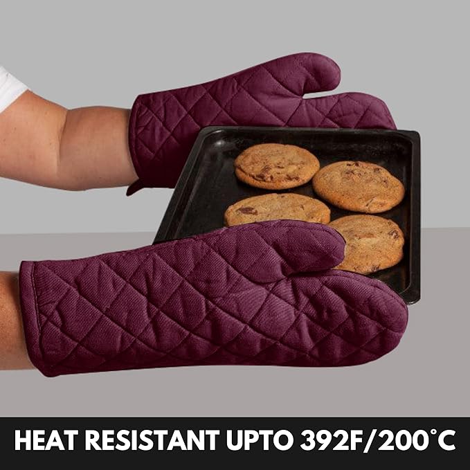 Oven Mitt (7"x13") & Pot Holder (8"x8") 100% Cotton Set of Heat Resistant Oven Gloves & Hot Pads for Gifts, BBQ, Cooking, Baking, Thanksgiving - Burgundy Wine