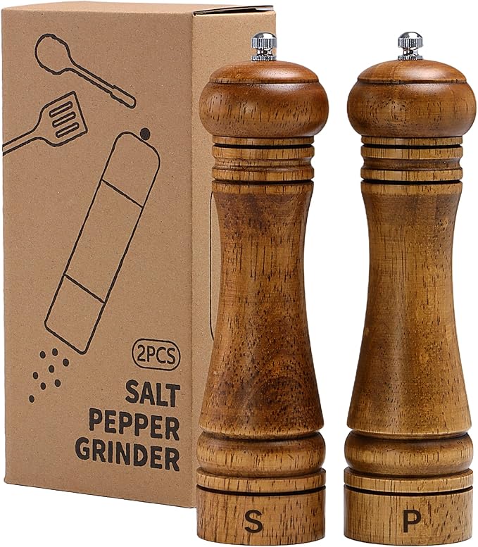 Wooden Salt and Pepper Grinder Set, Premium Oak Wood Salt Grinders Shakers, Manual Pepper Mill with S and P Engraving, Adjustable Ceramic Grinder for House Warming Cooking Gifts – 8 inches, 2 Pack by MJINGMEI