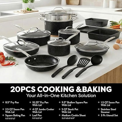 GRANITESTONE 20 Pc Complete Pots and Pans Set Non Stick Cookware Set with Saute Pan, Bakeware, Steamer, Cooking Utensils, Made Without PFOA PFOS, Oven and Dishwasher Safe