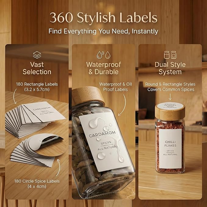 Glass Spice Jars with 360 Labels -24 pcs- 4oz- Spice Containers with Bamboo Lids -Shaker Lids- Pepper Grinder-Spice Organization for Cabinet-Drawer-Rack-Seasoning Organizer-Square bottles - Image 3