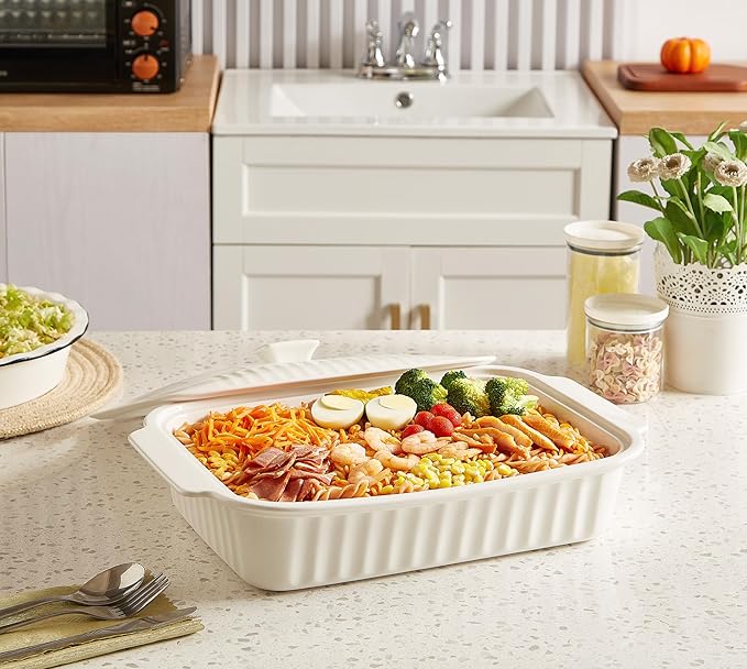 Large Baking Dish with Lid,5.5 Quart Lasagna Pan with Lid, 13.5x9 inch Ceramic Casserole Dish with Lid, Microwave, Dishwasher Safe, White - Image 2