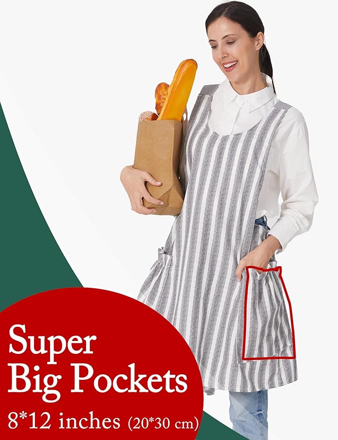 Cozy Adjustable Cross Back Aprons for Women with Pockets Cotton Linen Cooking Kitchen Baking