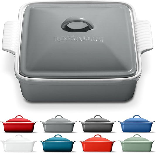 ROSSALLINI Stoneware Casserole Dish Bakeware with Lid | Covered Square Dinnerware | Medium 2 Quart, [Modern Grey]