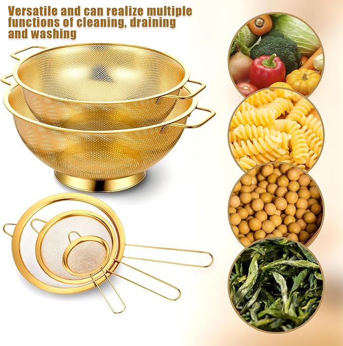 Strainers and Colanders Set, 2 PCS Stainless Steel Colander and 3 PCS Fine Mesh Strainer Gold Metal Pasta Rice Colanders & Food Strainers with Handles for Kitchen, Dishwasher Safe (5 Quart+4 Quart) - Image 5