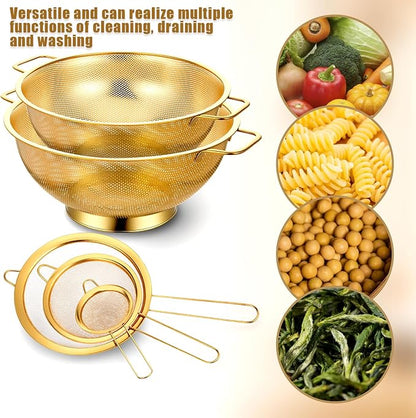 Strainers and Colanders Set, 2 PCS Stainless Steel Colander and 3 PCS Fine Mesh Strainer Gold Metal Pasta Rice Colanders & Food Strainers with Handles for Kitchen, Dishwasher Safe (5 Quart+4 Quart) - Image 5