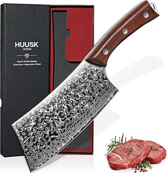 Huusk Meat Cleaver Knife Japanese Kitchen Knife 6.4 Inch, Hand Forged Butcher Knife for Meat Cutting, Vegetable Chopping Knife High Carbon Steel Damascus Pattern Chef Knife Cooking Gift Idea