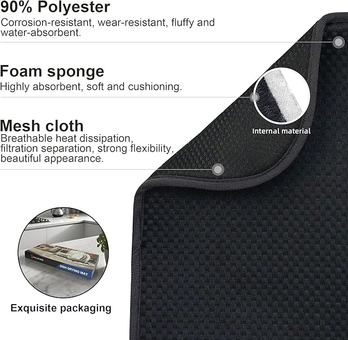 2-Pack Black Dish Drying Mats 20" x 15" – XL Dish Drying Mats for Kitchen Counter, Kitchen Dish Drying Mat, Microfiber Dish Drying Mat, Foldable Drying Mat for Dishes, Pots, Pans (Black) - Image 4