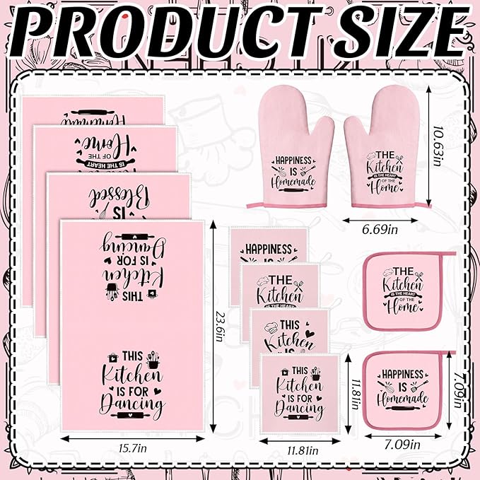 Bencailor 12 Pcs Farmhouse Kitchen Decorations Sets 8 Pink Black Kitchen Dish Towels 2 Pot Holders 2 Oven Mitts Glove Rustic Hand Towels and Dishcloths for Home Accessories Mom Gifts