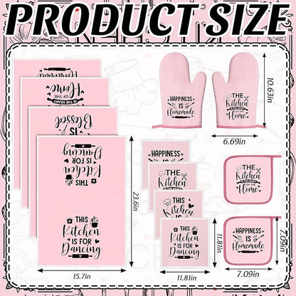Bencailor 12 Pcs Farmhouse Kitchen Decorations Sets 8 Pink Black Kitchen Dish Towels 2 Pot Holders 2 Oven Mitts Glove Rustic Hand Towels and Dishcloths for Home Accessories Mom Gifts