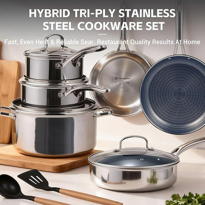 Ammeloo Hybrid Stainless Steel Cookware Set, 17-Piece Tri-Ply Pots and Pans Set Non Stick, Induction Kitchen Cookware Sets, Dishwasher & Oven Safe, PFOA Free, All Cooktops Compatible, Navy Blue - Image 7