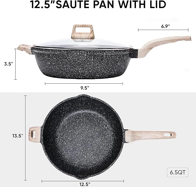 CAROTE 12.5 Inch Nonstick Deep Frying Pan with Lid, 6.5 Qt Jumbo Cooker Saute Pan with Pour Spout, Skillet Induction Cookware, Non Stick Cooking Pan PFOA Free, Classic Granite - Image 2
