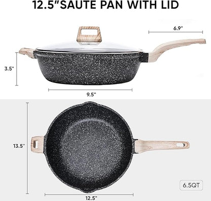 CAROTE 12.5 Inch Nonstick Deep Frying Pan with Lid, 6.5 Qt Jumbo Cooker Saute Pan with Pour Spout, Skillet Induction Cookware, Non Stick Cooking Pan PFOA Free, Classic Granite - Image 2