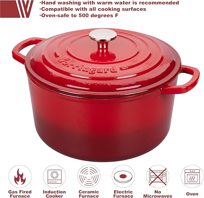 VORRINGARD Enameled Cast Iron Dutch Oven Pot with Lid, for Sourdough Bread Baking, Round Dutch Ovens, 6 Quart, Red - Image 3