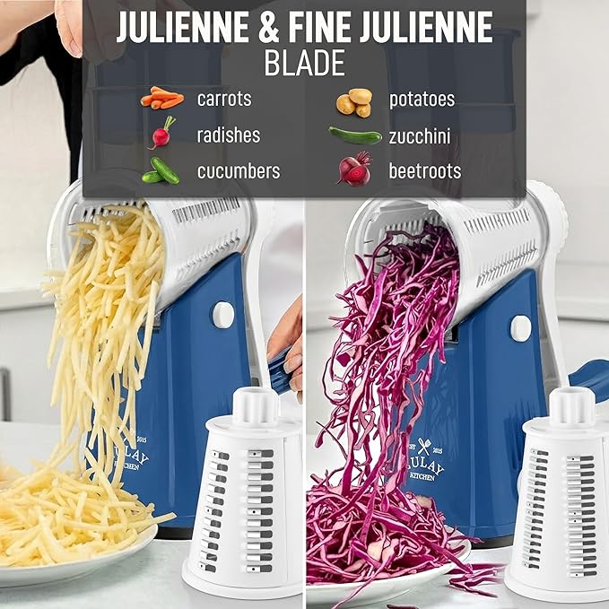 Zulay Kitchen Rotary Cheese Grater 5 Blade Cheese Shredder - Manual Hand Crank Cheese Grater With Reinforced Suction & 5 Interchangeable Drums - Easy to Use, Vegetable Chopper Round Mandoline Slicer - Image 6