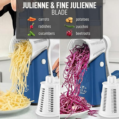 Zulay Kitchen Rotary Cheese Grater 5 Blade Cheese Shredder - Manual Hand Crank Cheese Grater With Reinforced Suction & 5 Interchangeable Drums - Easy to Use, Vegetable Chopper Round Mandoline Slicer - Image 6