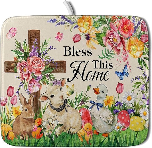 Easter Farmhouse Dish Drying Mat Funny Animal Dish Pad for Kitchen Counter Small 16 X 18 by Giwawa