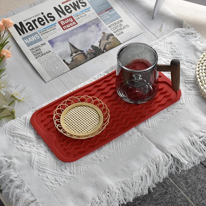 Silicone Dish Drying Mat, Non-Slip Easy Clean Sink Mat Large Heat-resistant Dish Drainer Mat for Kitchen Counter, Sink, Refrigerator or Drawer liner (12" x 6", RED) - Image 5