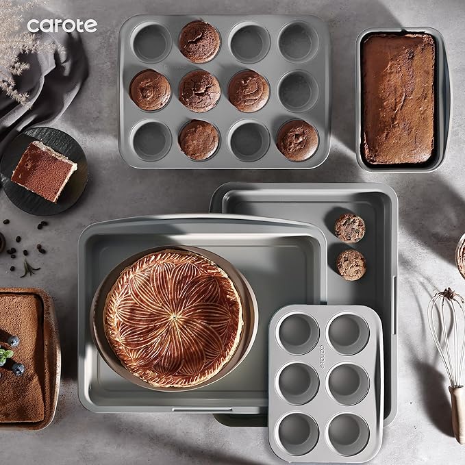 CAROTE 7-Piece Nonstick Stackable Baking Pans Set - Bakeware Sets Including Cookie Sheets for Baking, Muffin Pan, Bread Pan, Cake pan, Loaf Pan, Roasting Pan, Gray & Blue - Image 3