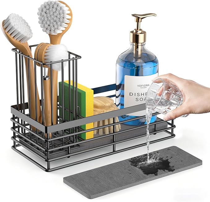 Yofidra Sponge Holder for Kitchen Sink, Sink Caddy Organizer with Stone Drying Mat, Kitchen Countertop Organizers and Storage Essentials, 304 Stainless Steel (Black, 9.3″) by Yofidra