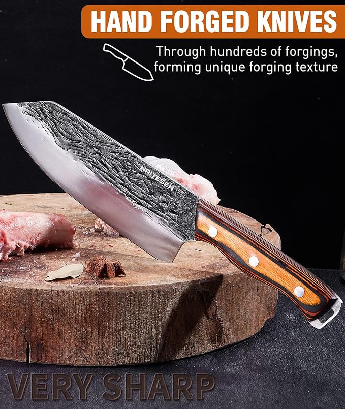 Naitesen 7PCS Hand Forged Butcher Knife and Kitchen Knife 2 in 1 Set with Roll Bag, Heavy Duty Meat Cleaver Serbian Chef Knife Breaking Knife Boning Knife for Meat Cutting BBQ Gifts for Men Women - Image 4
