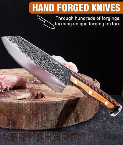 Naitesen 7PCS Hand Forged Butcher Knife and Kitchen Knife 2 in 1 Set with Roll Bag, Heavy Duty Meat Cleaver Serbian Chef Knife Breaking Knife Boning Knife for Meat Cutting BBQ Gifts for Men Women - Image 4