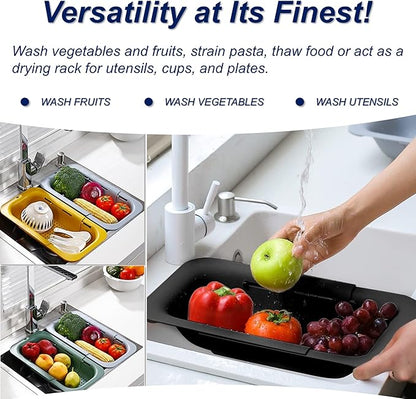 Extendable Sink Colander Strainer Basket - Wash Vegetables and Fruits, Drain Cooked Pasta and Dry Dishes - Adjustable Over the Sink Colander Collapsible Drainer Basket - Black
