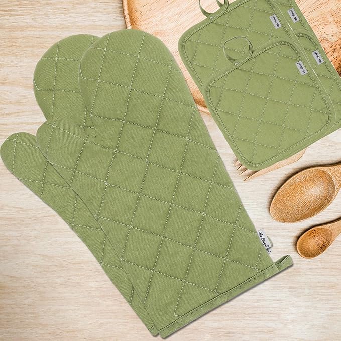Oven Mitts and Pot Holders Sets,6 Pcs Oven Mitts and Potholders with Recycled Cotton High Heat Resistant Extra Thick Long Oven Mitts for Cooking(Green) - Image 2