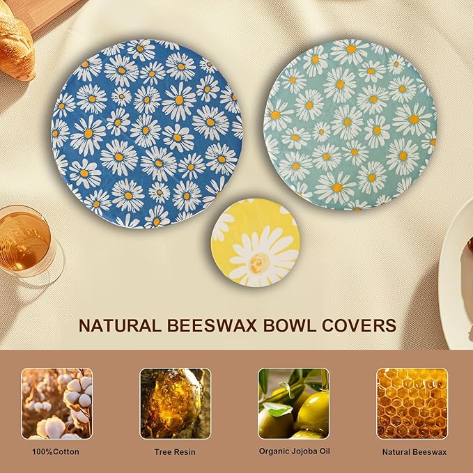 Reusable Bowl Covers for Bread Proofing - Beeswax Bowl Covers Reusable 3 Set, Cotton Blend Stretch Design, Fits 4-13 Inch Bowls, Shower Caps for Sourdough Bread, Dough Proofing & Food Storage(Daisy)