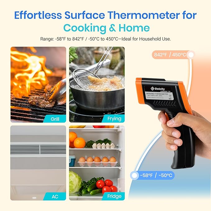 Etekcity Infrared Thermometer Laser Temperature Gun 774, Meat Food Candy Oven Thermometer for Griddle Accessories, Heat Gun for Cooking Refrigerator Tools, Adjustable Emissivity & Max Measure, Orange - Image 2