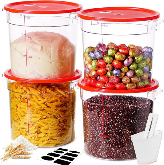 6QT NSF Round Food Storage Containers with Lids: 4 PCS [Total Food Grade][Hot&Cold Resistant] Dough Proofing Container for Pizza, Bread with Measuring Spoons Included(BPA FREE) (RED) by SVKLHY