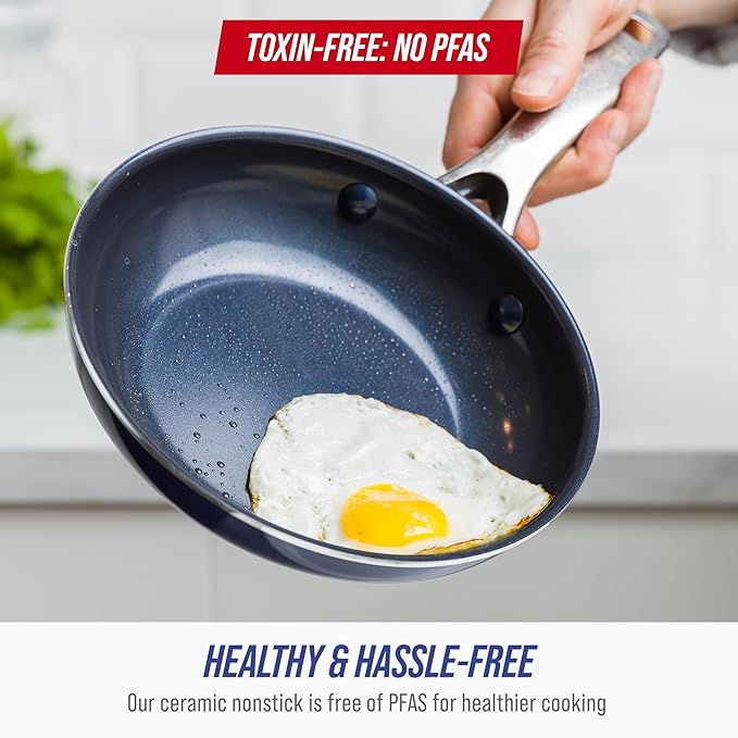 Blue Diamond 8" Nonstick Frying Pan Skillet, Diamond Infused PFAS-Free Ceramic, Dishwasher & Oven Safe, Stainless Steel Handle, Durable Non Toxic Metal Utensil Safe, Egg & Omelet Pan, Blue - Image 4