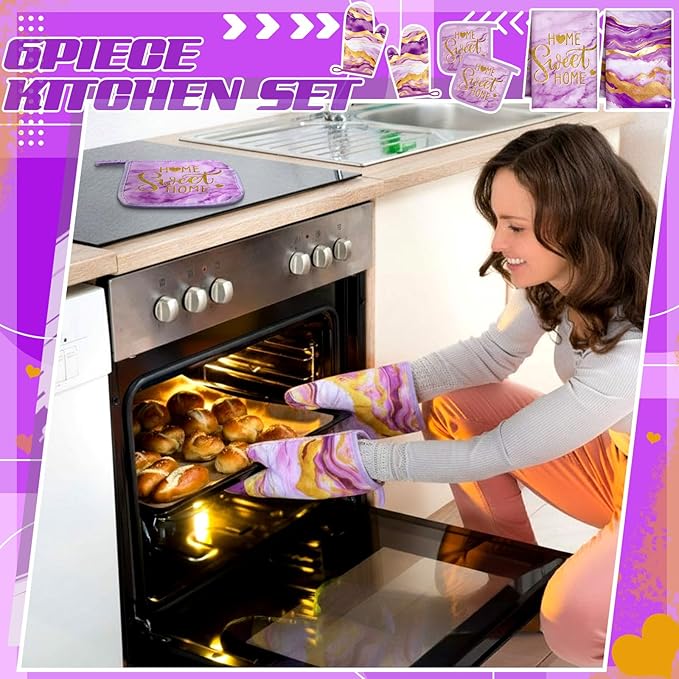 Bencailor Purple 6 Pcs Marble Kitchen Decor Gold Pot Holders Oven Mitts 2 Dish Towels 2 Farmhouse Cooking Mittens Oven Glove and Potholder for Baking Cooking Grilling Supply Accessories