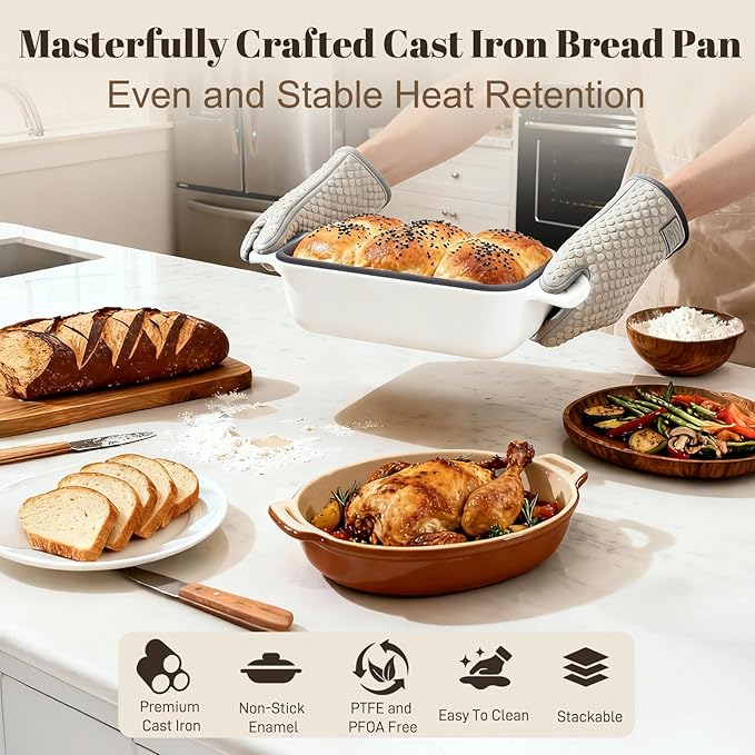 Enameled Cast Iron Sourdough Bread Dutch Oven, Cast Iron Loaf Bread Pan for Homemade Bread Baking, 2PCS 8.5 x 4.5 Inch Meatloaf Pan with Lid, Oven Safe, Cream