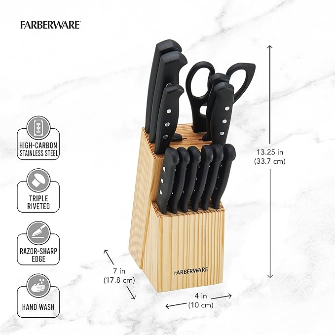 Farberware 22-Piece Never Needs Sharpening Triple Rivet High-Carbon Stainless Steel Knife Block and Kitchen Tool Set, Black, Durable AND Precision Cutlery - Image 4
