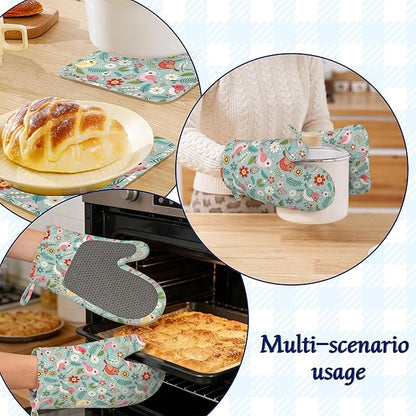 Birds Floral Potholders & Oven Mitts Sets Colourful Flowers Silicone Heat Resistant Oven Mits and Hot Pads Non-Slip Pot Holders Gloves for Kitchen Chef Cooking Baking Grilling BBQ
