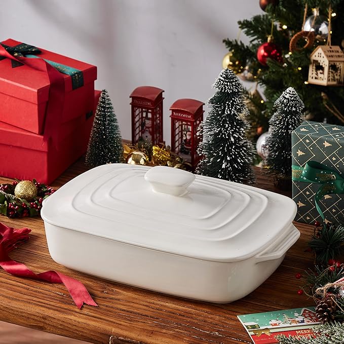 Large Ceramic Casserole Dish with Lid, 4.0 Quart Covered Rectangular Stoneware Baking Dishes for Oven, Deep 9x13 Inch Lasagna Pans for Baking and Serving, Perfect for Christmas Gifts, White - Image 7
