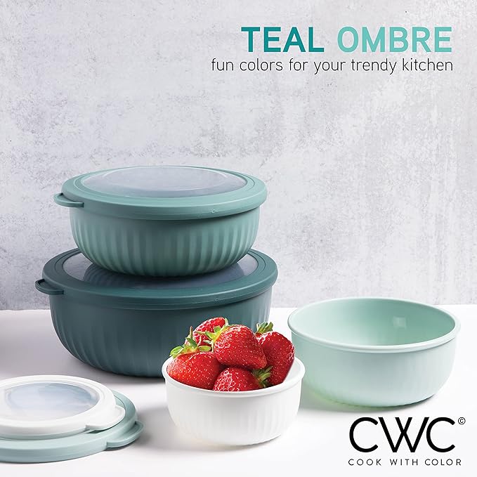 COOK WITH COLOR Prep Bowls with Lids- Wide and Deep Nesting Plastic Small Mixing Bowl Set with Lids, 8 Piece Set - Wide Bowls, Teal - Image 3