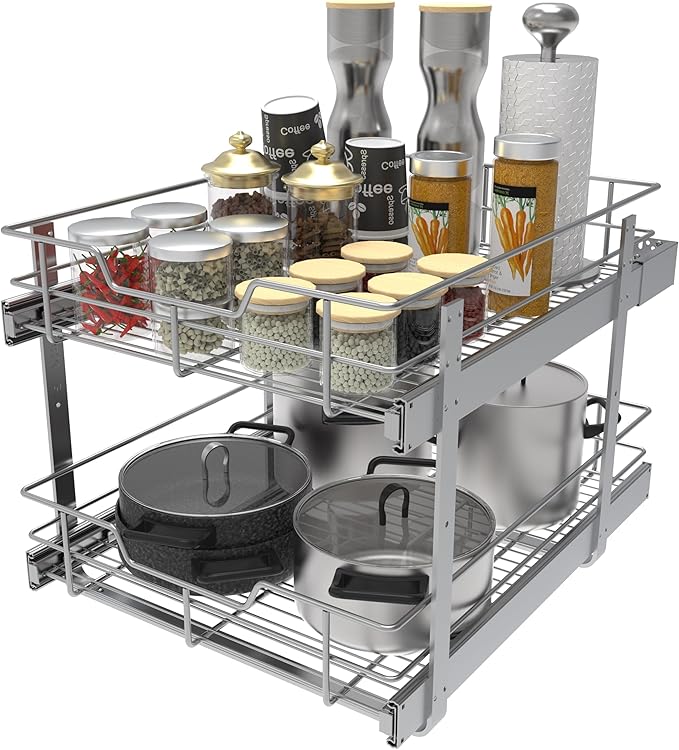2 Tier Pull Out Cabinet Organizer 18" W X 22" D, Slide Out Drawers For Kitchen Cabinets, Pull Out Drawers For Cabinets Capacity Heavy Duty Caddy, Cabinet Pullout Shelves Chrome-Plated,Bathroom Pantry - Image 9