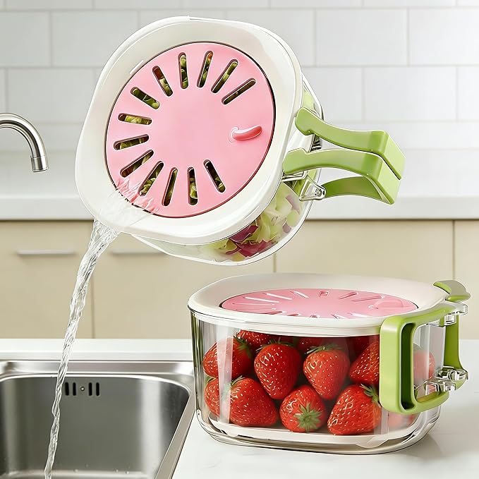 Colander Strainer with Lid, Fridge Organizer Storage Berry Container, Veggie Wash Basket and Fruit Vegetable Tray, Fruit Platter Picnic Tray, Blueberry Strawberry Holder Keeper Washer, 2 Pack (Pink)