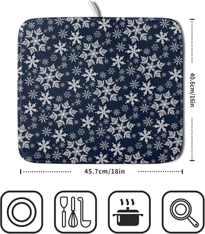 Christmas Dish Drying Mat for Kitchen Counter 18x16 Inch Xmas Snowflake Drying Mat with Absorbent Reversible Microfiber Blue Dish Drainer Mats Rack Pad for Coffee Countertop Protector