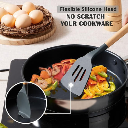 E-far Silicone Cooking Utensils Set, 5-Piece Kitchen Utensils Set with Wooden Handle for Cooking, Silicone Kitchen Nonstick Tools Spatula Turner Slotted Spoons, Nontoxic & Heat Resistant-Gray - Image 4