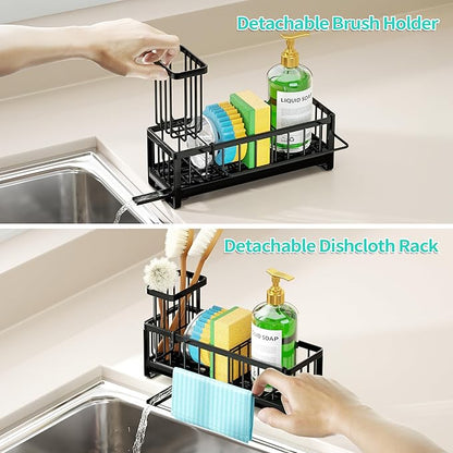 HapiRm Sponge Holder for Kitchen Sink - Self-draining Sink Caddy with Brush and Dishcloth Holders, Stainless Steel Kitchen Countertop Organizers and Storage Essentials - Black - Image 3