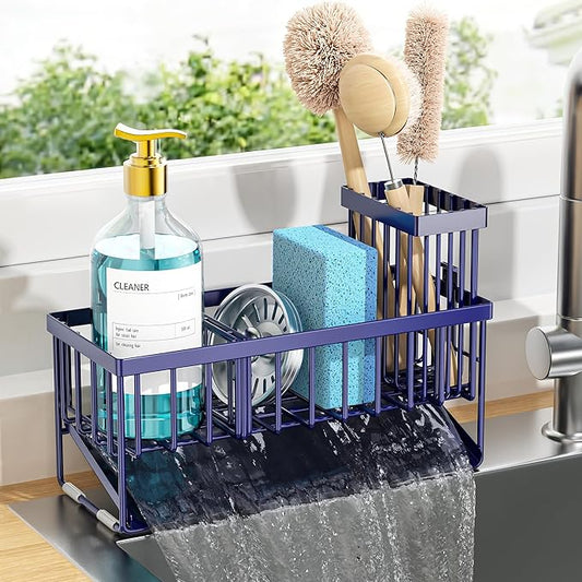 Cisily Navy Blue Sink Caddy Organzier with High Brush Holder, Sponge Holder for Sink, 304 Rustproof Stainless, Kitchen Countertop Soap Dispenser Organizer, Gray Blue Kitchen Decor and Accessories by CISILYHOMELIFE